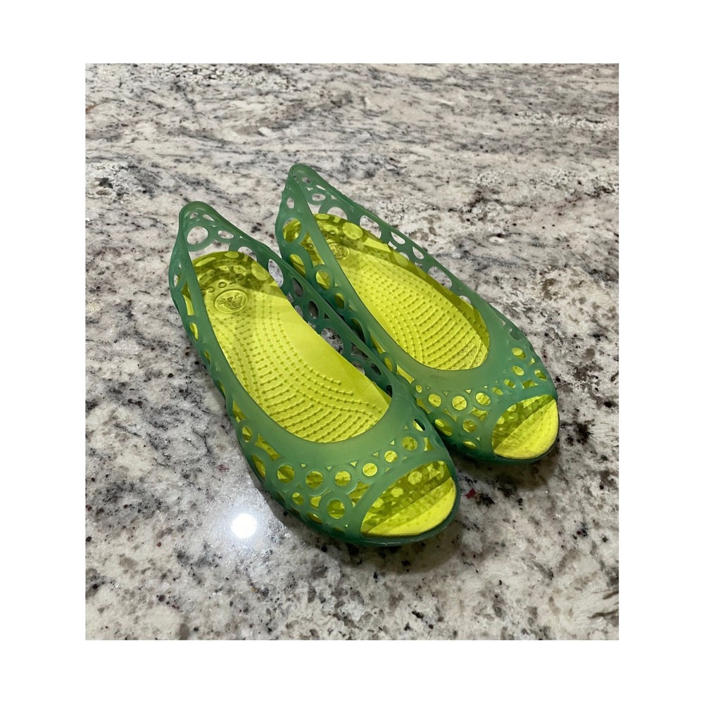 Crocs Adrina Peep Toe Flats‎ Lime Green Emerald Cutout Shoes Kids Size J1